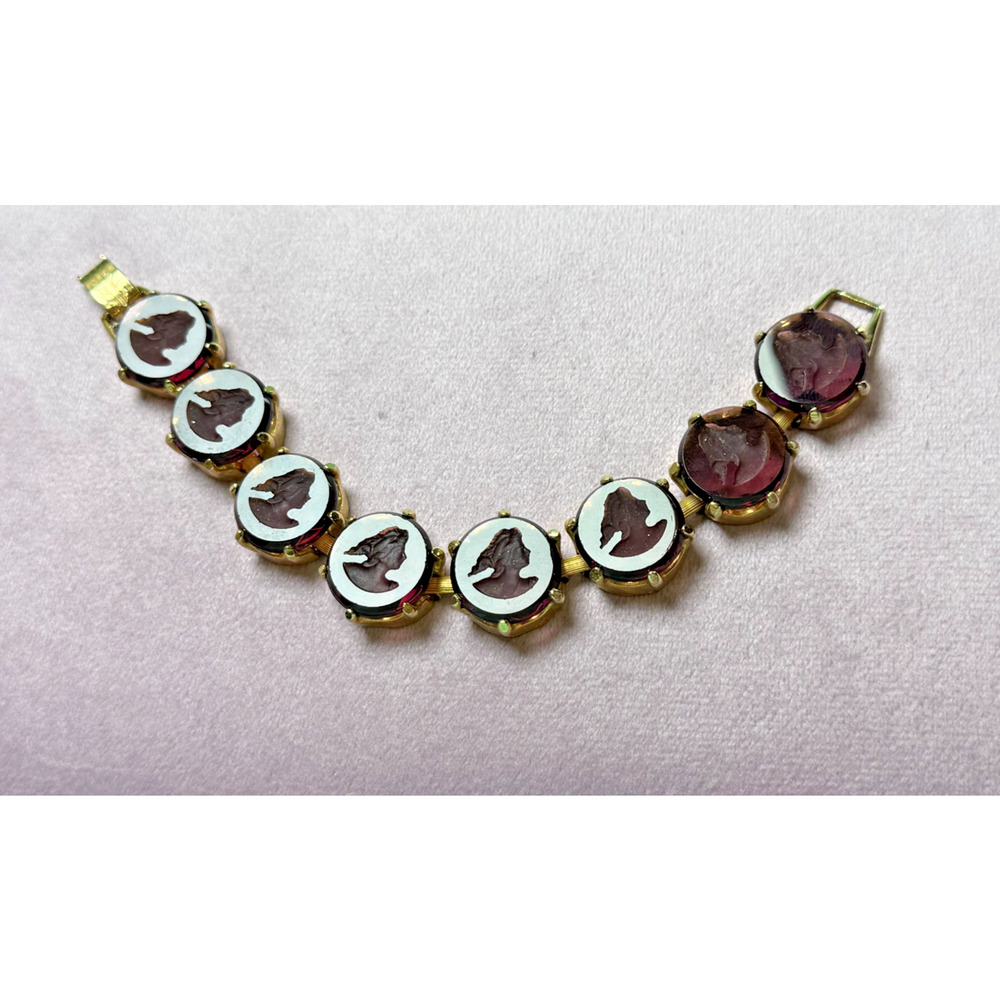 Vintage 7.5" Purple Amethyst Glass Intaglio Cameo Link Bracelet Gold Tone BOLD - Picture 8 of 8